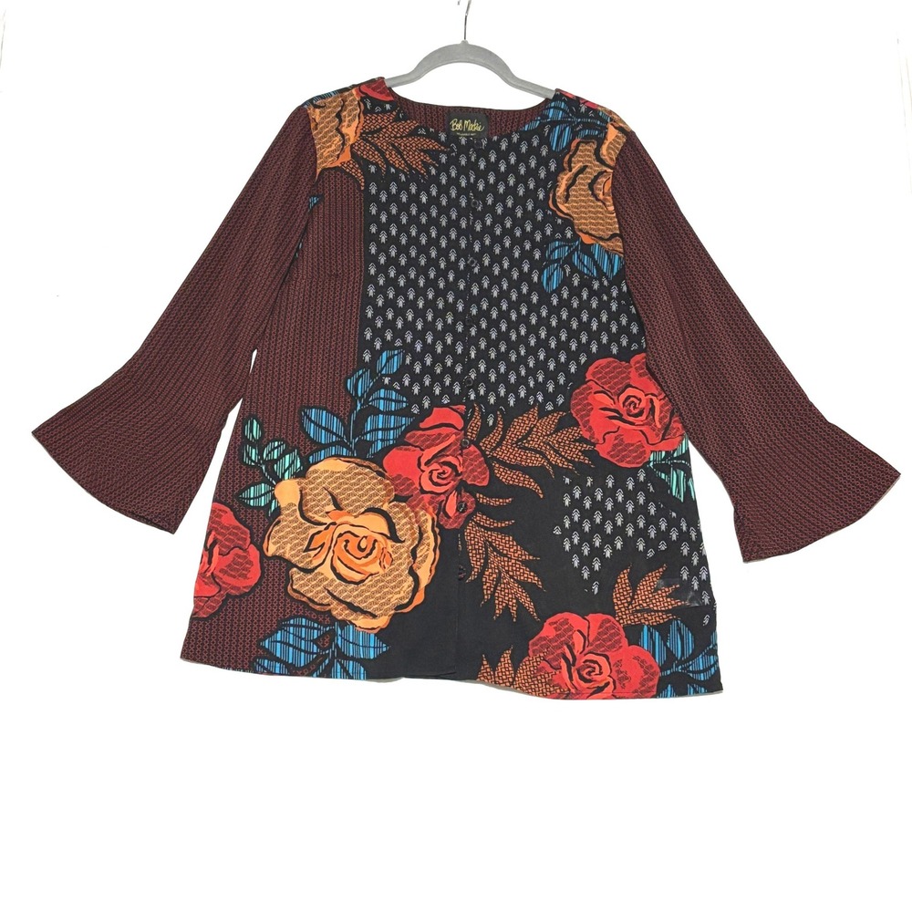 Bob Mackie Wearable Art Blouse Womens Large Black Floral Bell Sleeve‎ Lagenlook